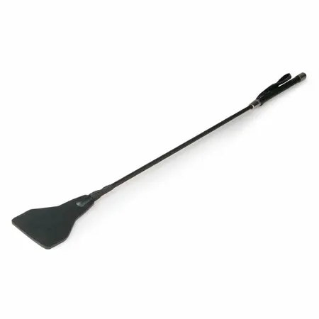 Ouch! Leather Black Whip with Long Handle and Metal Accents