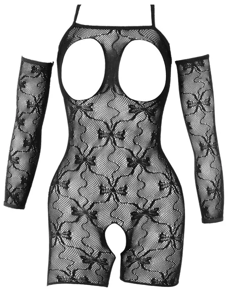 Cottelli Fantasy Open Catsuit S/M Black Lace with Arm Sleeves