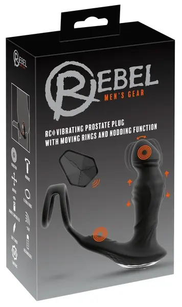 Rebel RC Vibrating Plug with Moving Rings & Nodding Tip, Black, 14.5cm