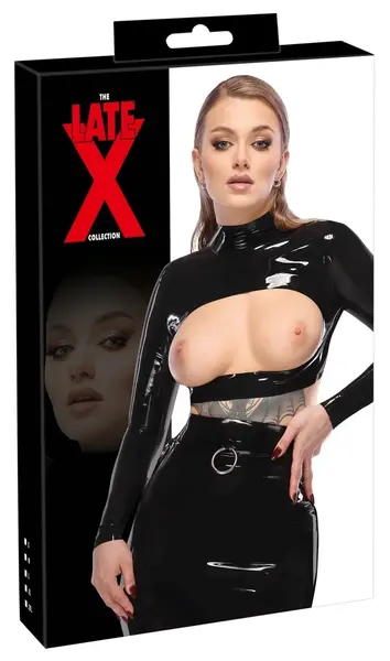 LateX Black Crop Top S - Open Front, Stand-Up Collar, Long Sleeves