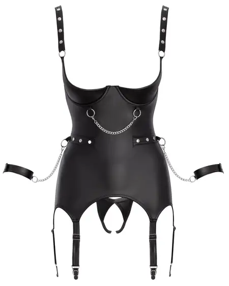 Cottelli Bondage Basque Set M - Matte Black, Removable Chains, Handcuffs