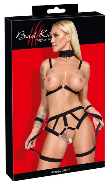 Bad Kitty Adjustable Strap Bikini Harness Set with Choker & Handcuffs M