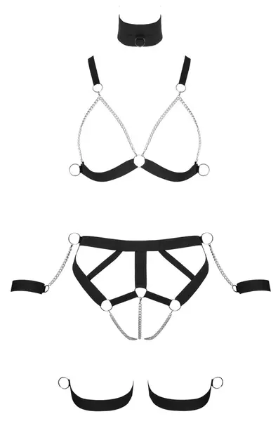 Bad Kitty Adjustable Strap Bikini Harness Set with Choker & Handcuffs M