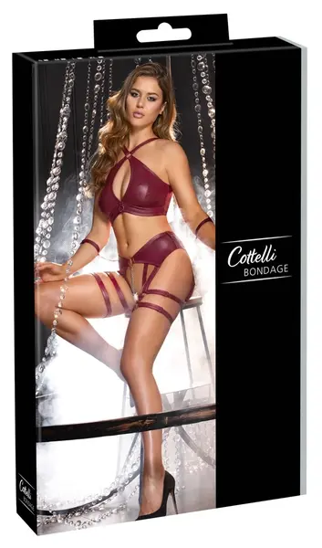 Cottelli Bondage Bra Set L Dark Red Matte Adjustable with Handcuffs