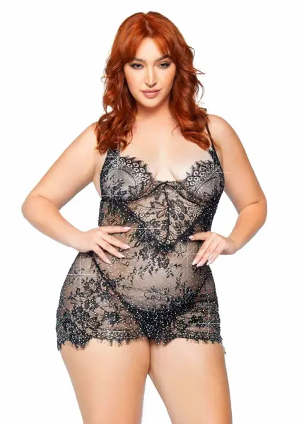 Plus Eyelash Lace Rhinestone Mini Dress & G-String Set, Black, 2-Piece