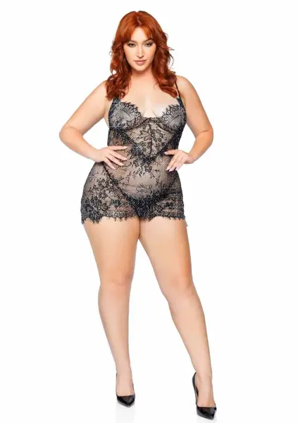 Plus Eyelash Lace Rhinestone Mini Dress & G-String Set, Black, 2-Piece