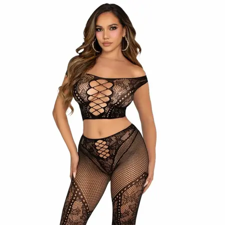 Leg Avenue Off-Shoulder Crop Top & Fishnet Leggings Set Black One Size