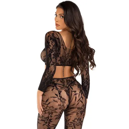 Leg Avenue Chantilly Lace Crop Top & Footless Tights Set, One Size, Black