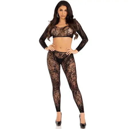 Leg Avenue Chantilly Lace Crop Top & Footless Tights Set, One Size, Black