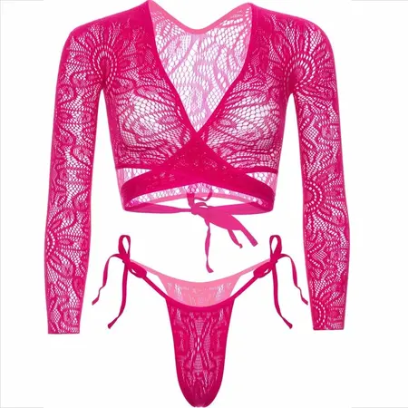 Leg Avenue Lace Crop Top & Adjustable Side-Tie Thong Set Pink One Size