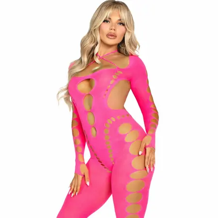 Leg Avenue Pink Open Back Bodystocking One Size - Stretch Mesh Design