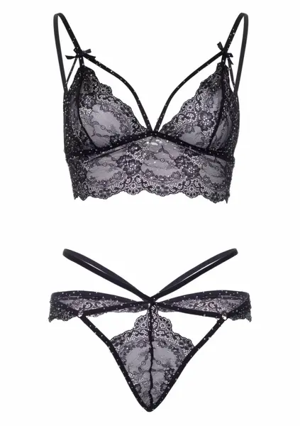 Strappy Bralette and String 2-Piece Lace Set with Rhinestone Detail
