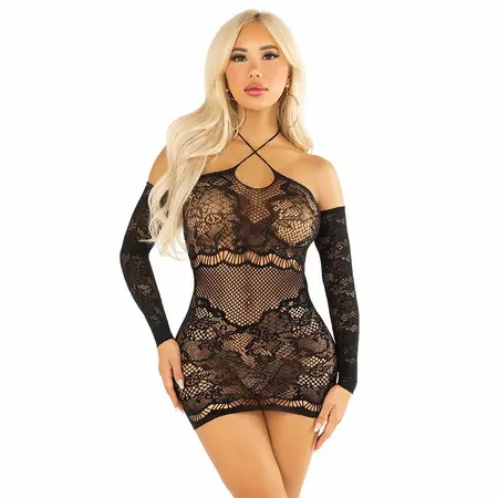 Leg Avenue Mesh Mini Dress Black Off-Shoulder Long Sleeve Elegant Fit