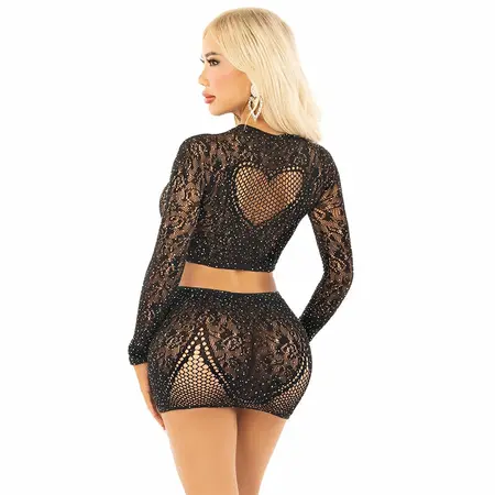 Leg Avenue Shiny Mesh Crop Top & Mini Skirt Set Black, Two-Piece Outfit