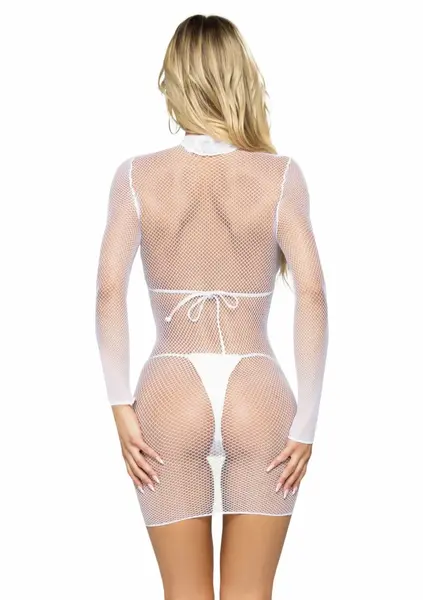 Ultra Net High Neck Mini Dress - Black Mesh, Long Sleeve, One Size