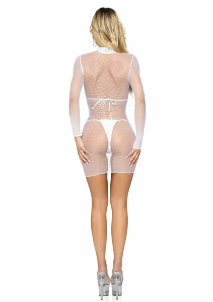 Ultra Net High Neck Mini Dress - Black Mesh, Long Sleeve, One Size