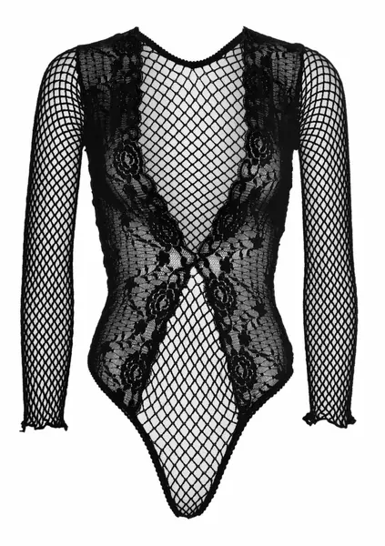 Dreamgirl High Cut Lace & Net Teddy Deep V Thong Back Black S/M