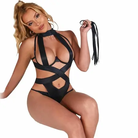 Subblime Halter Bodysuit with Harness Black S/M - Elegant Poly-Spandex Design