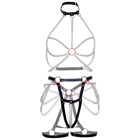 Leg Avenue Harness Bra & Pearl Garter Vegan Leather M Rose Gold Details