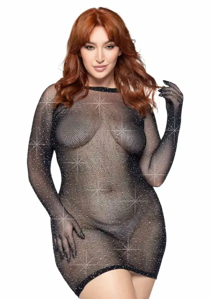 Plus Rhinestone Fishnet Gloved Mini Dress - Elegant Mesh, Hand-Laid Stones
