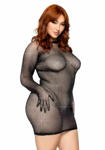 Plus Rhinestone Fishnet Gloved Mini Dress - Elegant Mesh, Hand-Laid Stones
