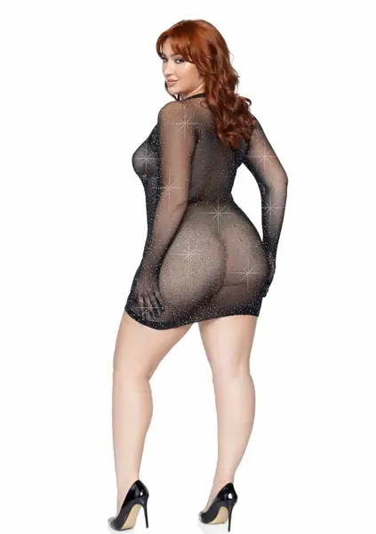 Plus Rhinestone Fishnet Gloved Mini Dress - Elegant Mesh, Hand-Laid Stones