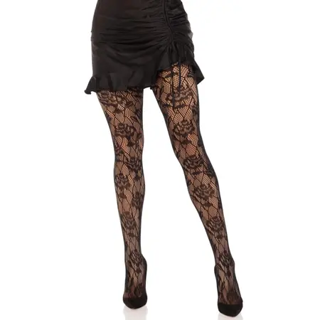Leg Avenue Wild Rose Net Tights Black - Floral Mesh, One Size