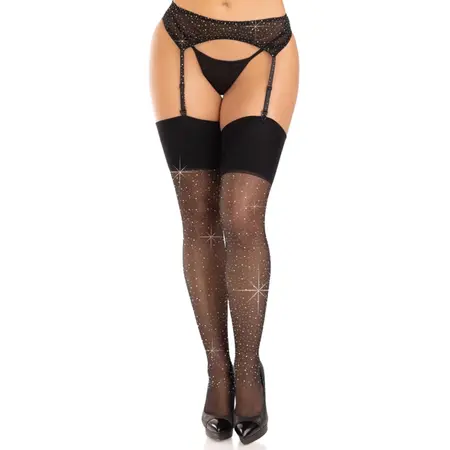 Leg Avenue Black Spandex Stockings with Rhinestone Accents, One Size