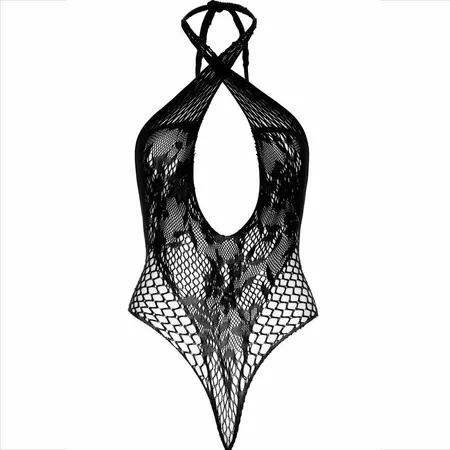 Leg Avenue Halter Teddy with Lace and Net Design Black One Size