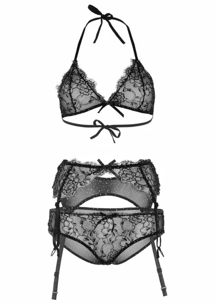 Dreamgirl 3-Piece Lace Bra, Panty & Scalloped Garter Belt Set Black S