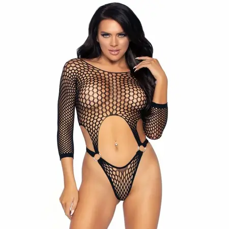 Leg Avenue Bodysuit Model 5550 Black One Size - Pothole Mesh & O-Ring Detail