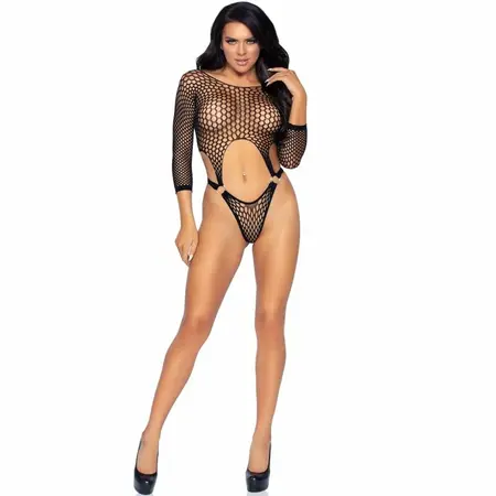 Leg Avenue Bodysuit Model 5550 Black One Size - Pothole Mesh & O-Ring Detail