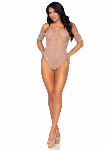 Leg Avenue Rose Lace Crotchless Teddy Bodysuit, Off-Shoulder, Black