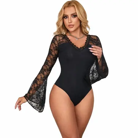 Боди от флорална дантела с дълъг ръкав, черно, L/XL