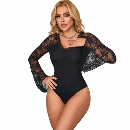 Боди от флорална дантела с дълъг ръкав, черно, L/XL