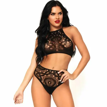 Leg Avenue 2-Piece Crochet Lace Set Black M/L - Crop Top & High Waist Thong