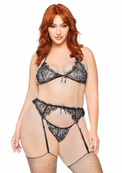 Plus Lace Bra Top, String and Garter Belt Set with Rhinestone Detail