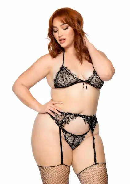 Plus Lace Bra Top, String and Garter Belt Set with Rhinestone Detail