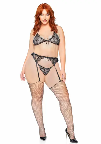 Plus Lace Bra Top, String and Garter Belt Set with Rhinestone Detail
