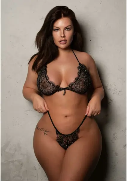 Plus Lace Bra Top, String and Garter Belt Set with Rhinestone Detail