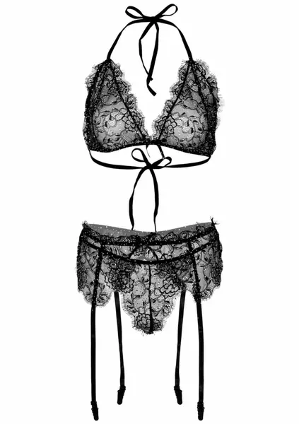 Plus Lace Bra Top, String and Garter Belt Set with Rhinestone Detail