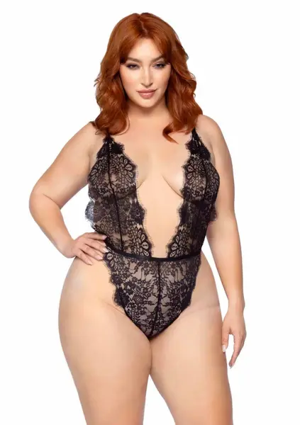 Leg Avenue Plus Teddy Set with Cheeky Thong & Lace Robe, Black, 3-Piece