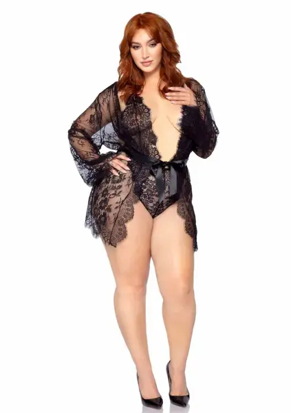 Leg Avenue Plus Teddy Set with Cheeky Thong & Lace Robe, Black, 3-Piece