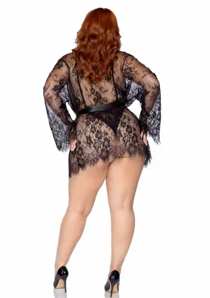 Leg Avenue Plus Teddy Set with Cheeky Thong & Lace Robe, Black, 3-Piece