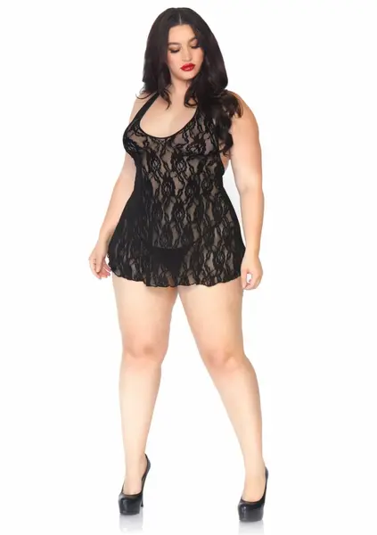 Plus Halter Rose Lace Dress - Elegant Lace Chemise with Open Back