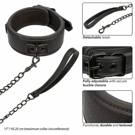 CalExotics Nocturnal Leather Adjustable Collar & Leash Black