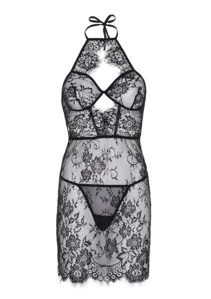 Dreamgirl Scalloped Lace Chemise Dress with Adjustable Straps Black L