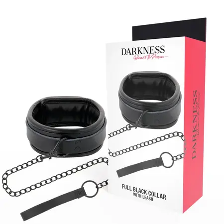 Darkness Black Adjustable Collar with Chain Leash, Padded PVC, Unisex