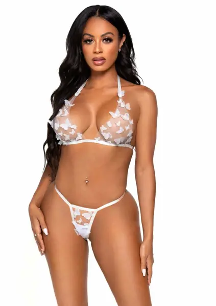 Sheer Bra Top and String Set with Butterfly Detail, Adjustable Straps M