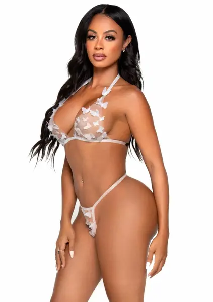 Sheer Bra Top and String Set with Butterfly Detail, Adjustable Straps S
